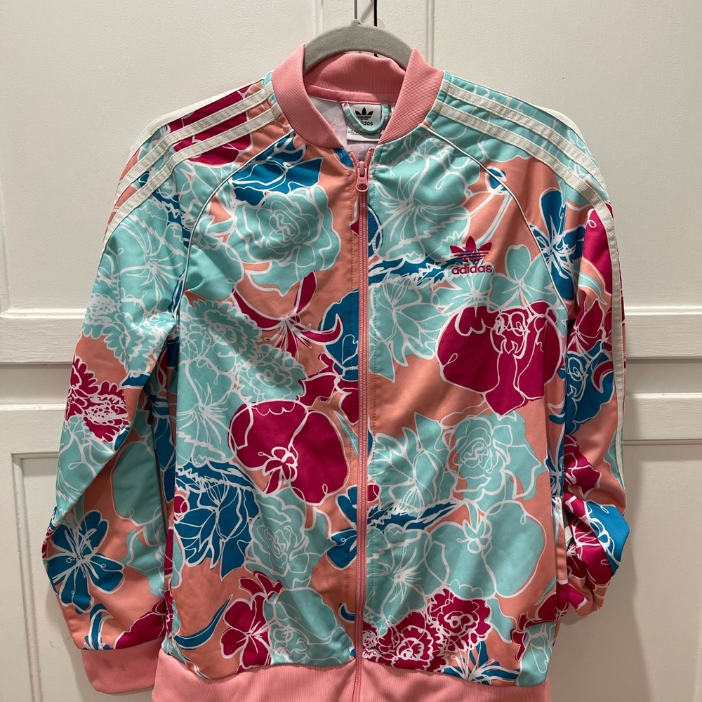 Adidas Pink and Blue Track Jacket with Artistic Print